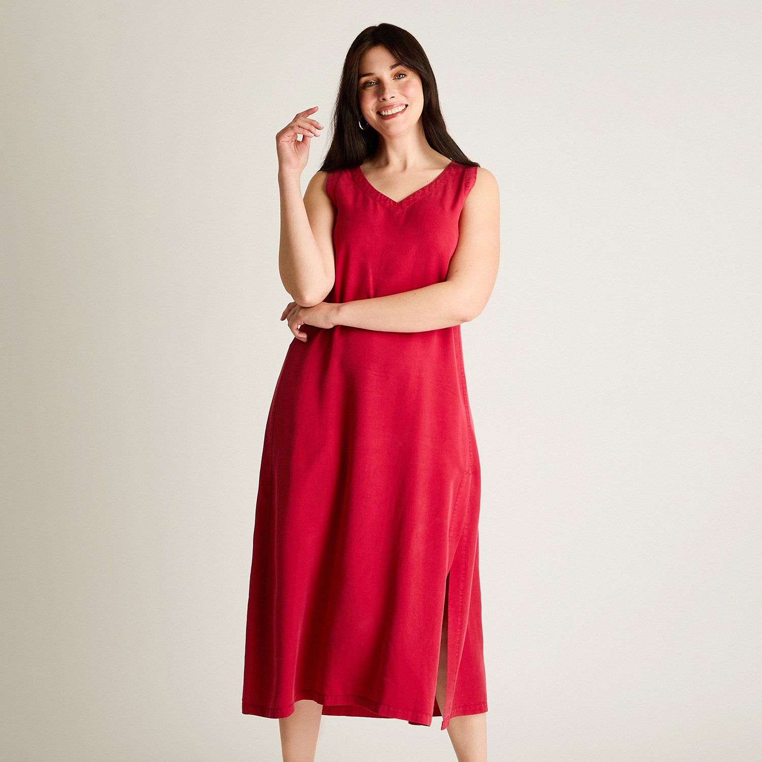 Vestido Midi Fucsia No Elasticado Sin Forro Calce Holgado